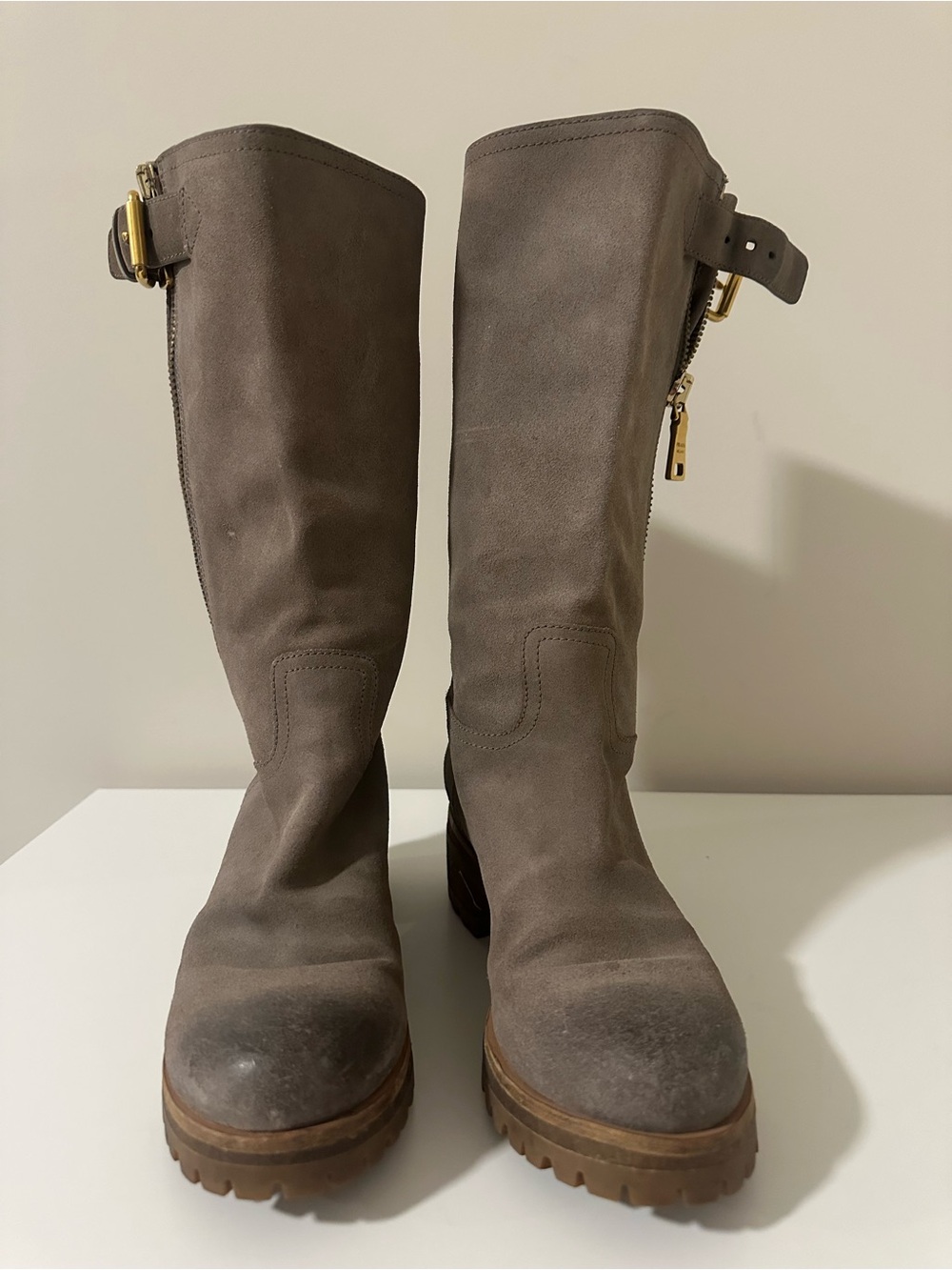Prada Taupe Suede Over-the-Knee Boots with Gold Hardware - Picture 8 of 15